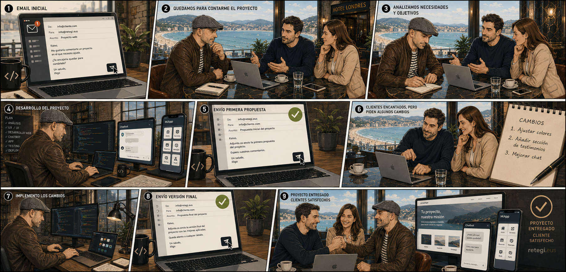 Viñetas que explican el proceso de trabajo con el cliente